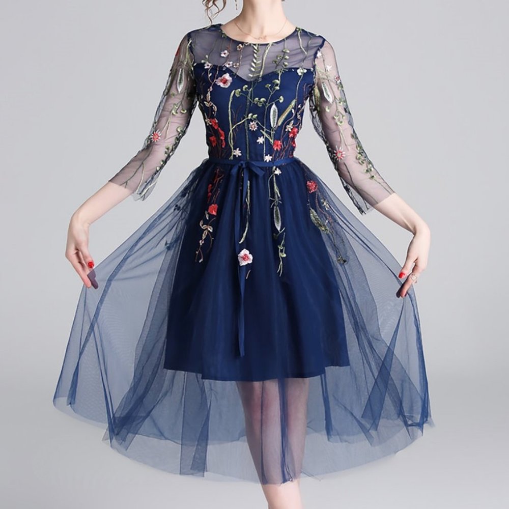 Navy Tulle Floral Embroidery Fit&Flare Midi Dress